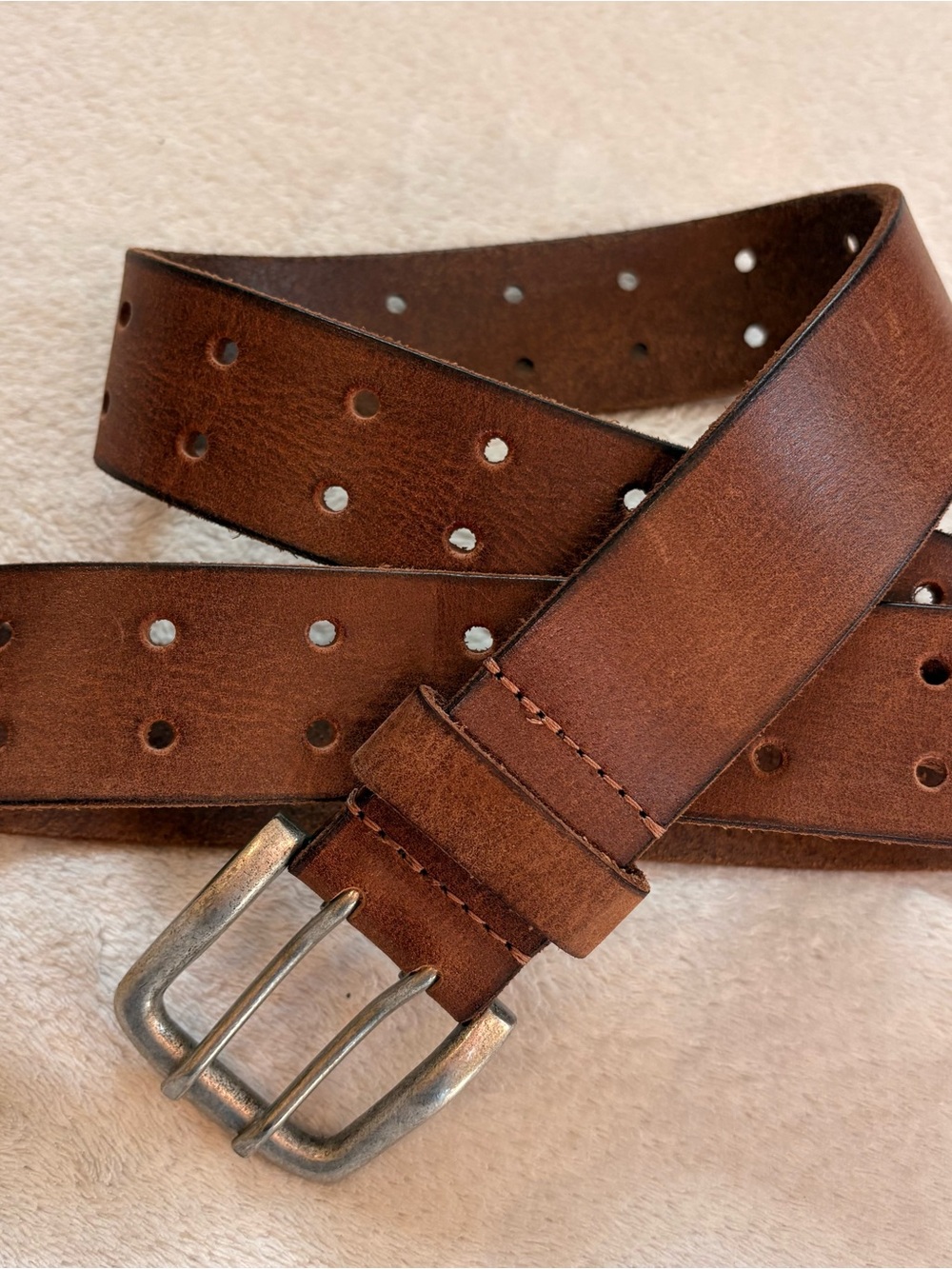 Men's Brown Leather Perforated Double-Prong Casual Belt Sz 34/36